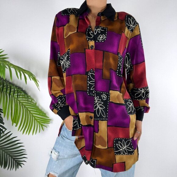 Vintage 90s Purple Abstract Patchwork Boho Oversized Long Sleeve Button Up / 10 - Picture 4 of 6